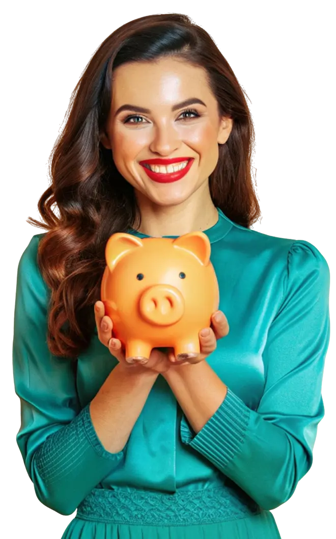 Mujer con alcancía sonrisa roja 1